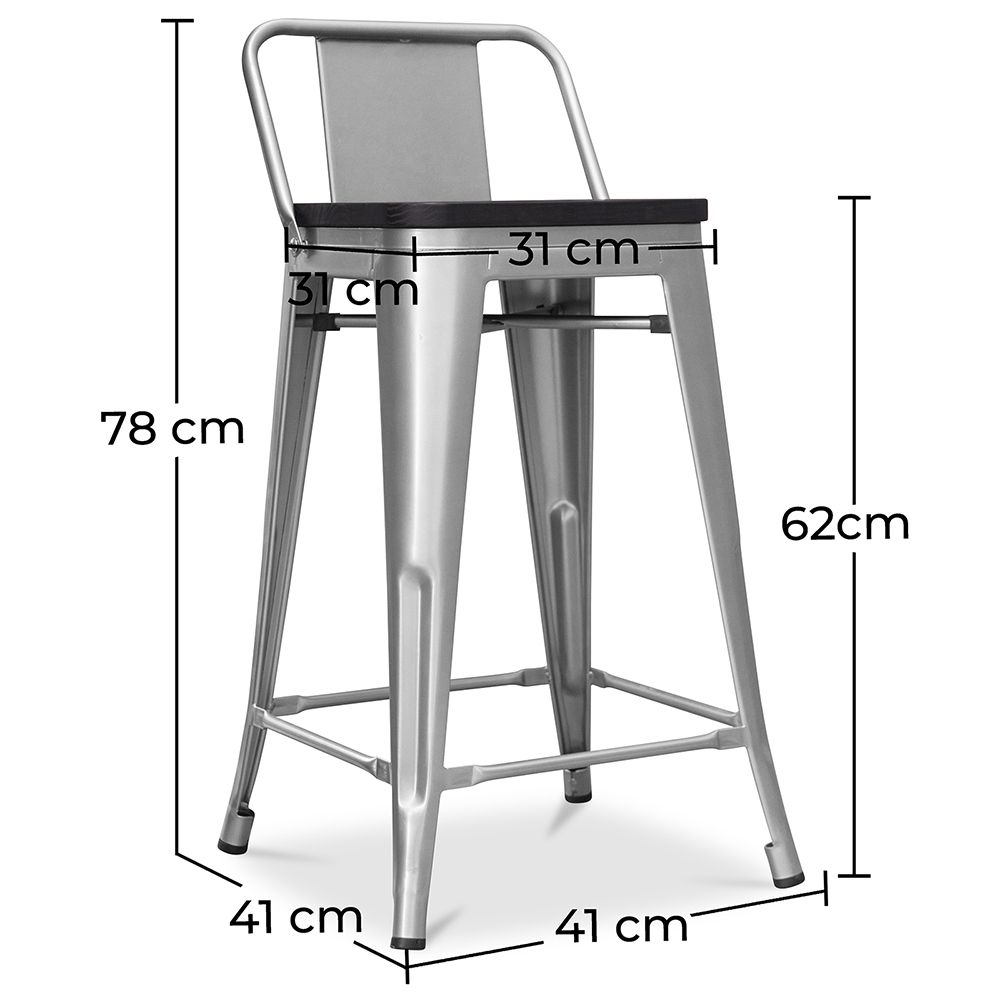 Banco Bar com encosto - Madeira e Aço - 60 cm - Metalix