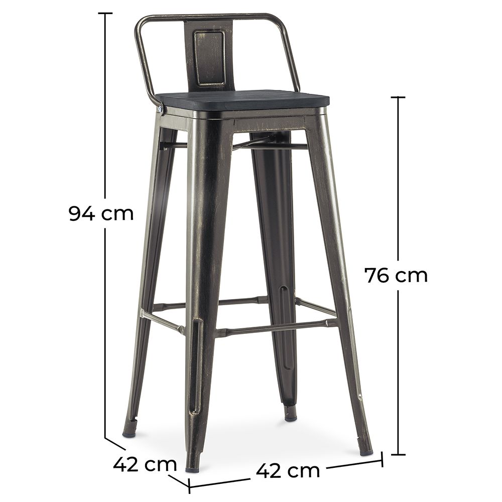 Banco de bar de Bistrot Metalix com encosto pequeno  - Metal e madeira escura - 76 cm