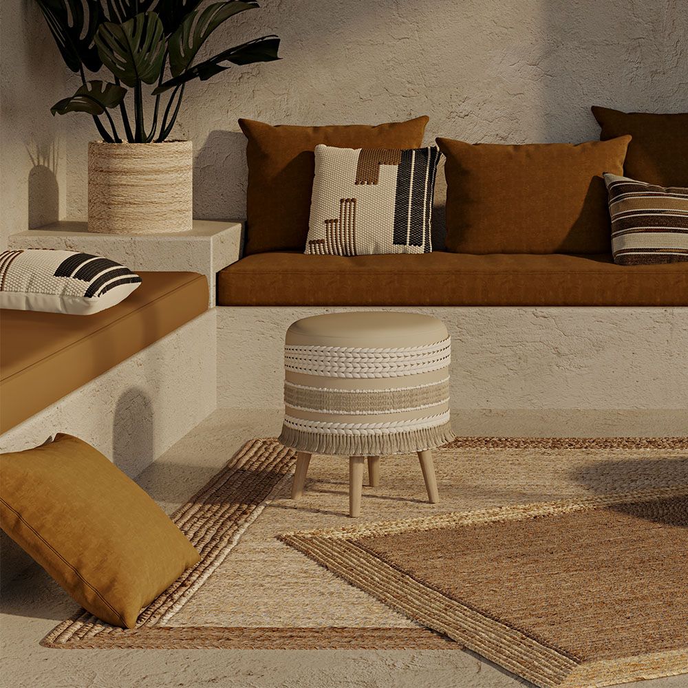 Banco Pufe Estilo Boho Bali em Madeira e Algodão - Isabella Bali