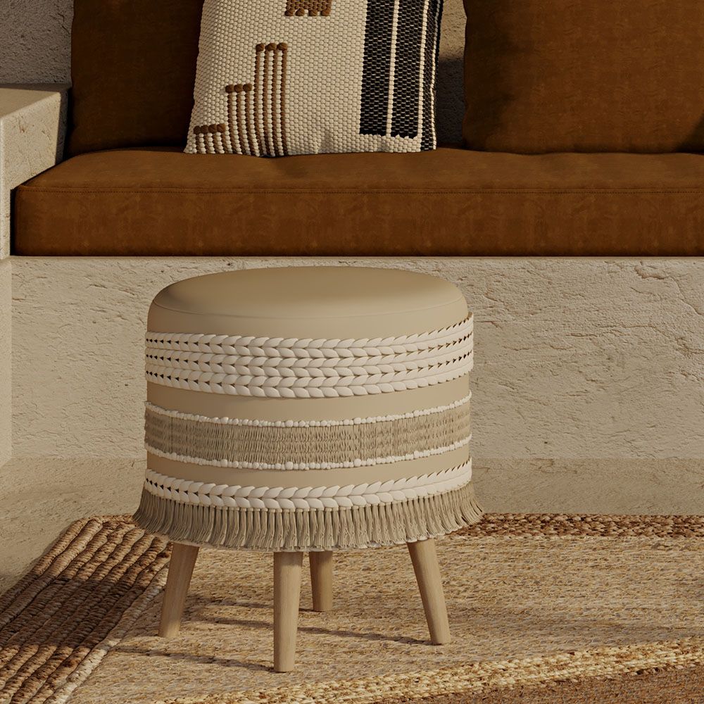 Banco Pufe Estilo Boho Bali em Madeira e Algodão - Isabella Bali