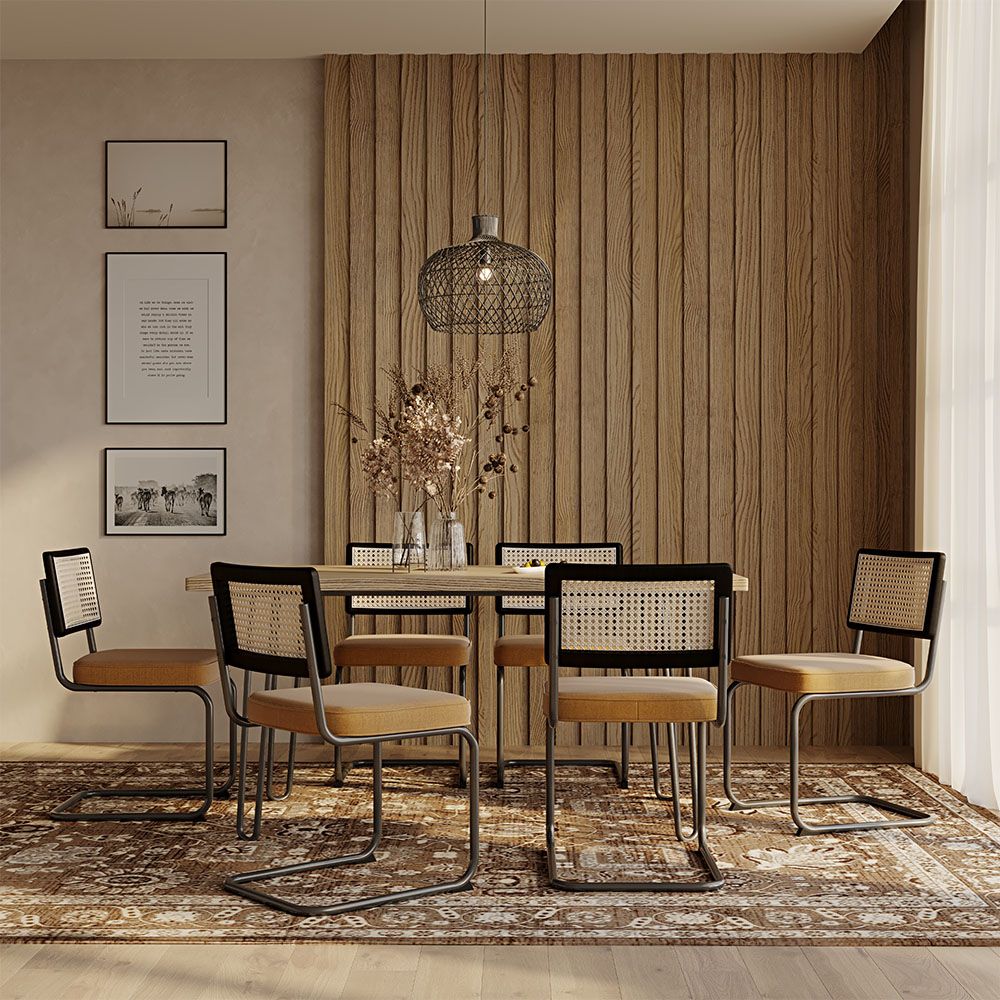 Pack Mesa de jantar Hairpin 150x90 & 6 Cadeiras Pretas em Palhinha Rattan e Veludo - Nema