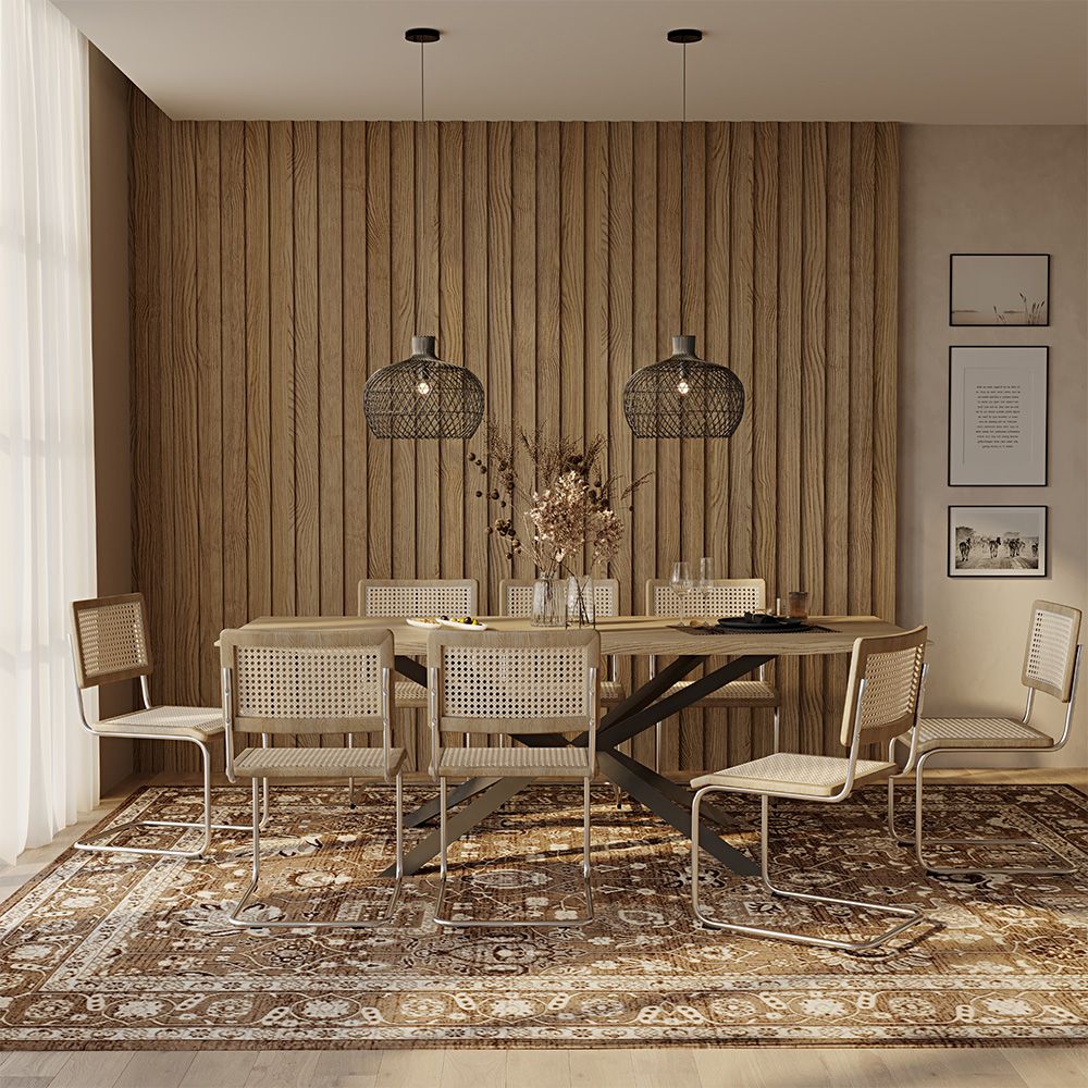 Pack Mesa Industrial (220cm) de madeIra & 8 Cadeiras em Palhinha de Rattan - Lia