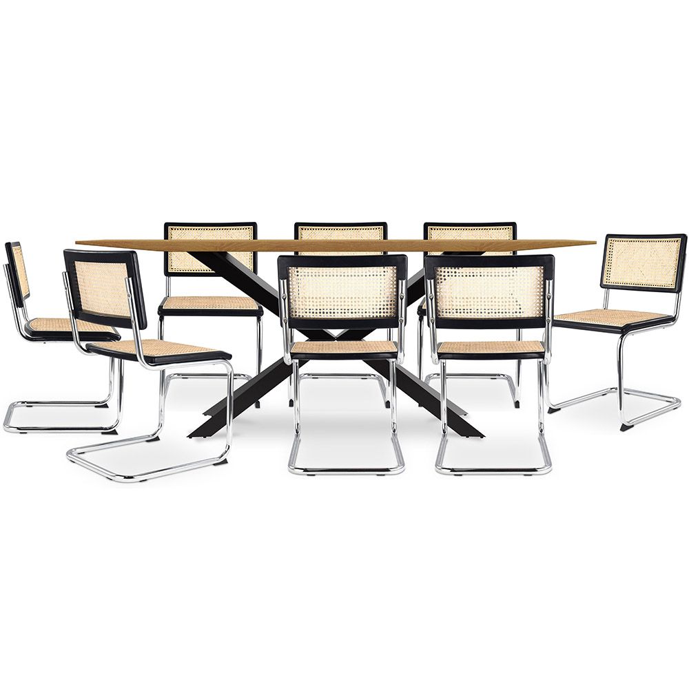 Pack Mesa Industrial (220cm) de madeIra & 8 Cadeiras em Palhinha de Rattan - Lia