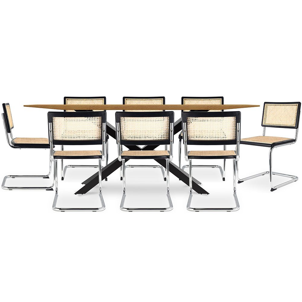 Pack Mesa Industrial (220cm) de madeIra & 8 Cadeiras em Palhinha de Rattan - Lia