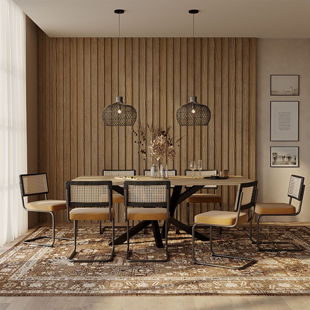 Pack Mesa Industrial (200cm) de madeira & 8 Cadeiras em Palhinha de Rattan e Veludo - Nema