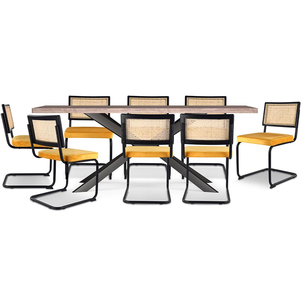 Pack Mesa Industrial (200cm) de madeira & 8 Cadeiras em Palhinha de Rattan e Veludo - Nema