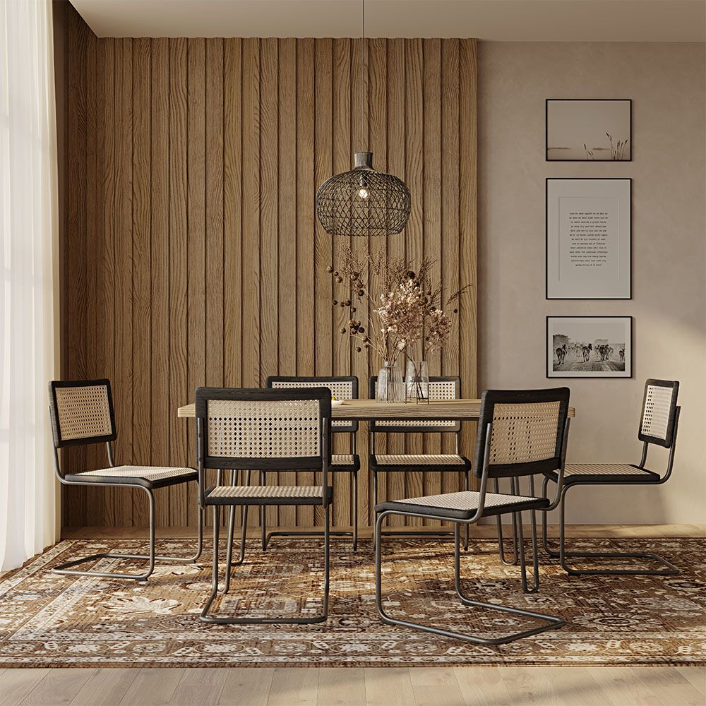 Pack Mesa de jantar Hairpin 150x90 & 6 Cadeiras Pretas em Palhinha Rattan - Lona