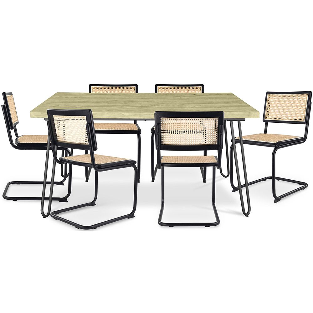 Pack Mesa de jantar Hairpin 150x90 & 6 Cadeiras Pretas em Palhinha Rattan - Lona