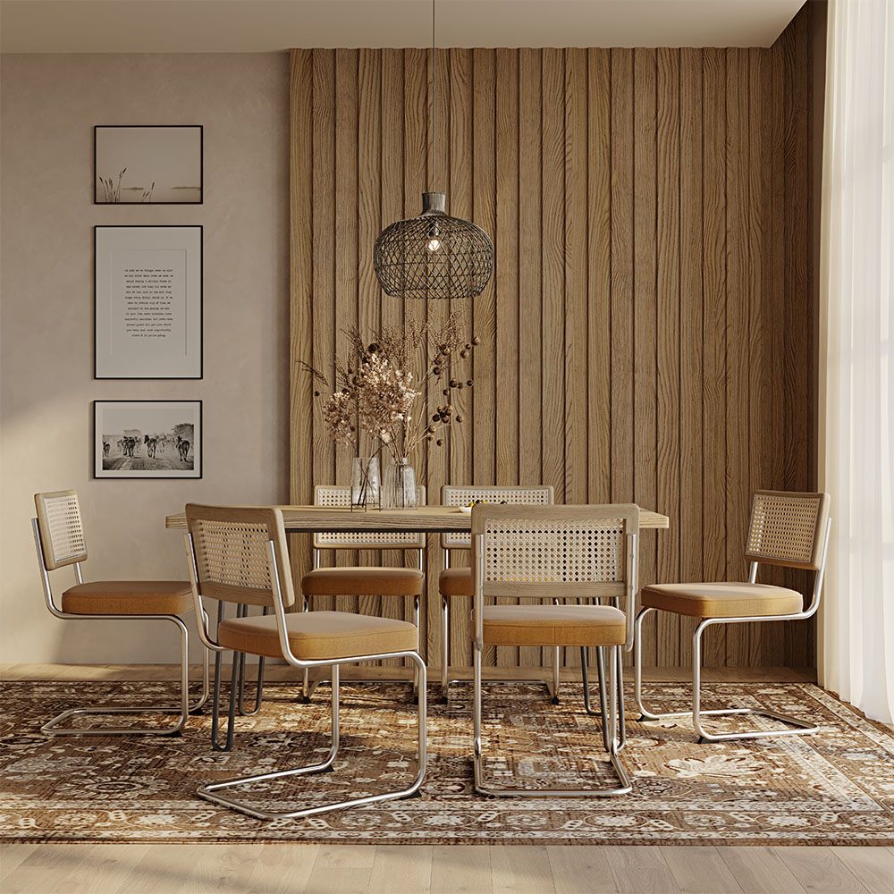 Pack Mesa de jantar Hairpin 150x90 & 6 Cadeiras Pretas em Palhinha Rattan e Veludo - Wanda