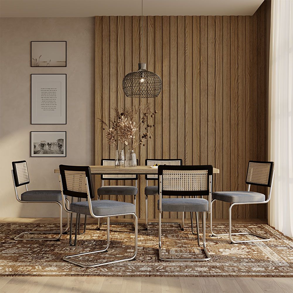 Pack Mesa de jantar Hairpin 150x90 & 6 Cadeiras Pretas em Palhinha Rattan e Veludo - Jenka