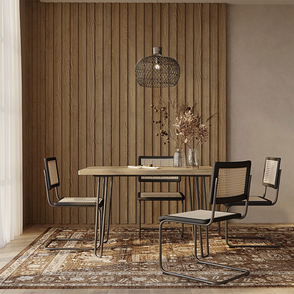 Pack Mesa de sala de jantar Hairpin 120x90 & 4 Cadeiras Pretas em Palhinha Rattan - Lona