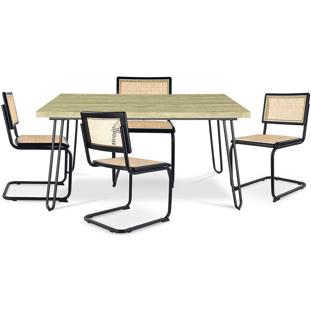 Pack Mesa de sala de jantar Hairpin 120x90 & 4 Cadeiras Pretas em Palhinha Rattan - Lona