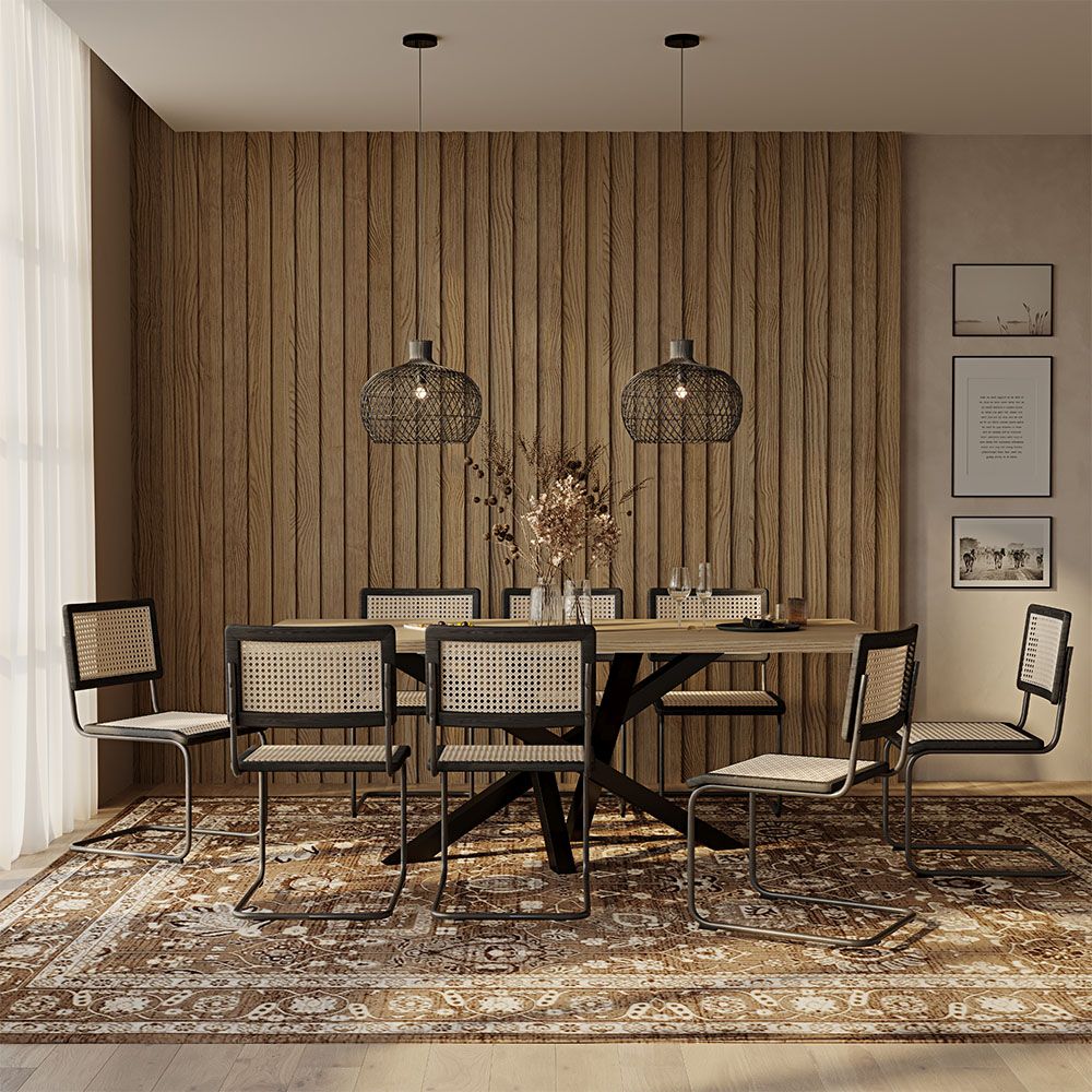Pack Mesa Industrial (200cm) de madeira & 8 Cadeiras em Palhinha de Rattan e Madeira Preta - Lona