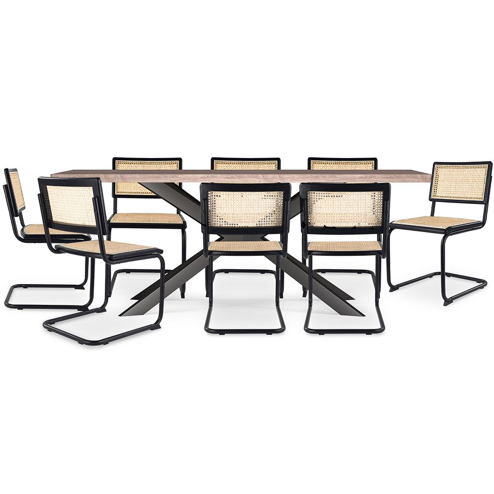 Pack Mesa Industrial (200cm) de madeira & 8 Cadeiras em Palhinha de Rattan e Madeira Preta - Lona