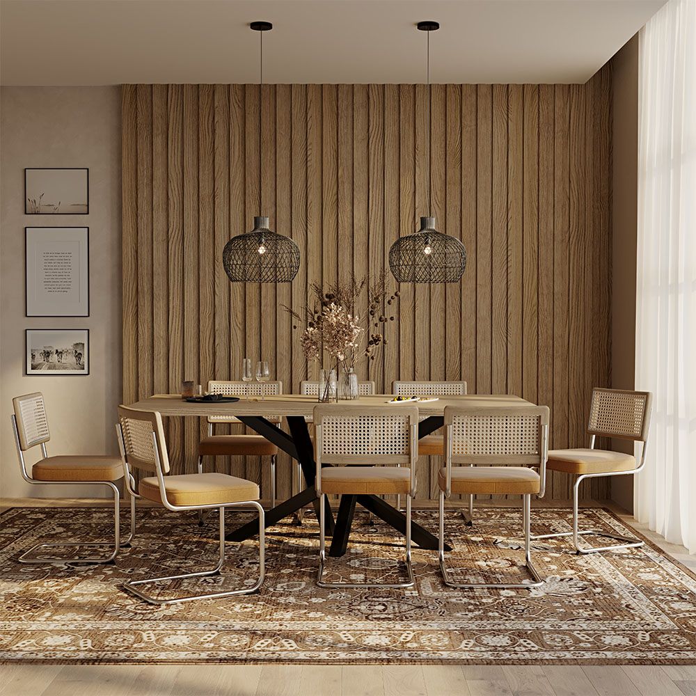 Pack Mesa Industrial (200cm) de madeira & 8 Cadeiras em Palhinha de Rattan e Veludo - Wanda