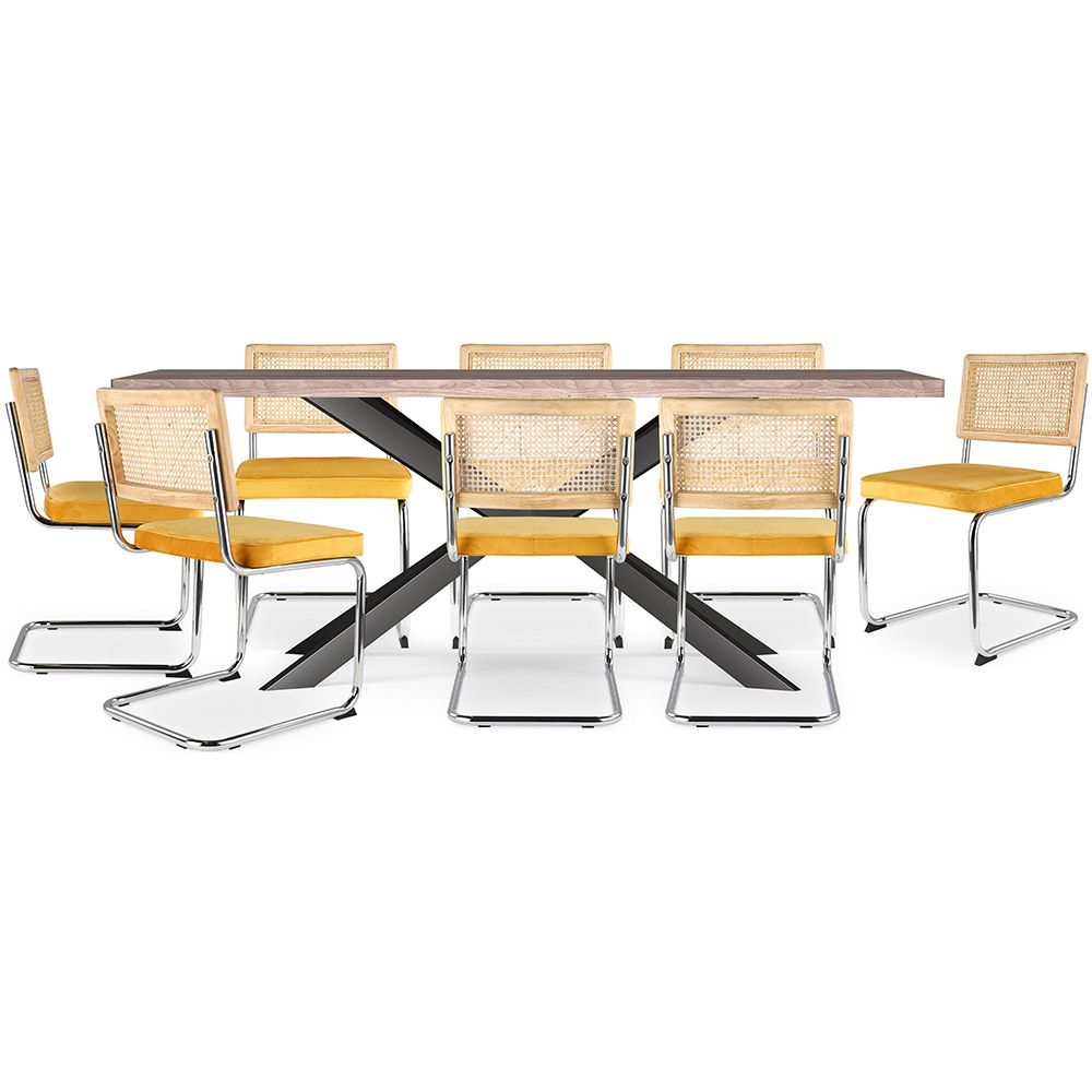 Pack Mesa Industrial (200cm) de madeira & 8 Cadeiras em Palhinha de Rattan e Veludo - Wanda