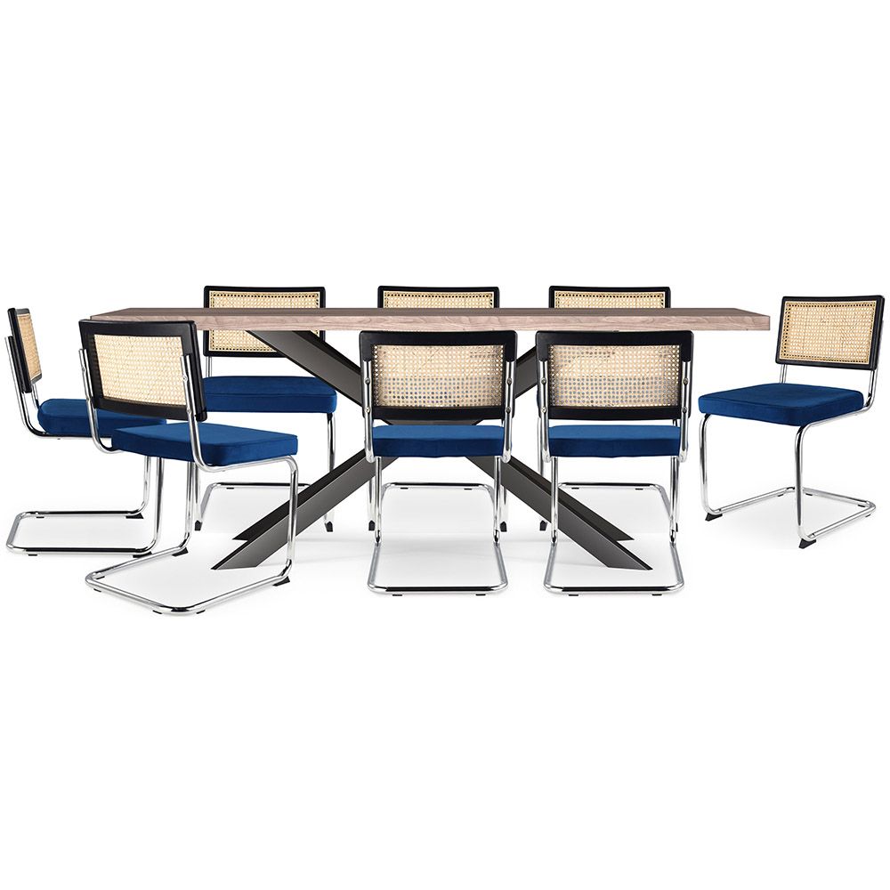 Pack Mesa Industrial (200cm) de madeira & 8 Cadeiras em Palhinha de Rattan e Veludo - Jenka