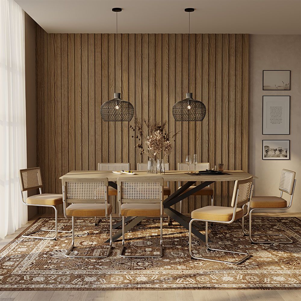Pack Mesa Industrial (220cm) de madeira & 8 Cadeiras em Palhinha de Rattan e Veludo  - Wanda
