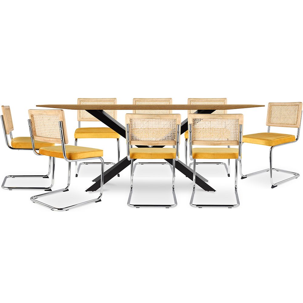 Pack Mesa Industrial (220cm) de madeira & 8 Cadeiras em Palhinha de Rattan e Veludo  - Wanda
