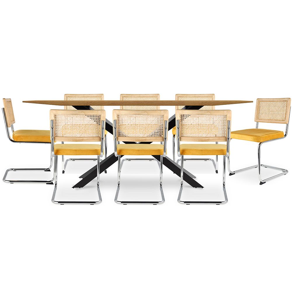 Pack Mesa Industrial (220cm) de madeira & 8 Cadeiras em Palhinha de Rattan e Veludo  - Wanda