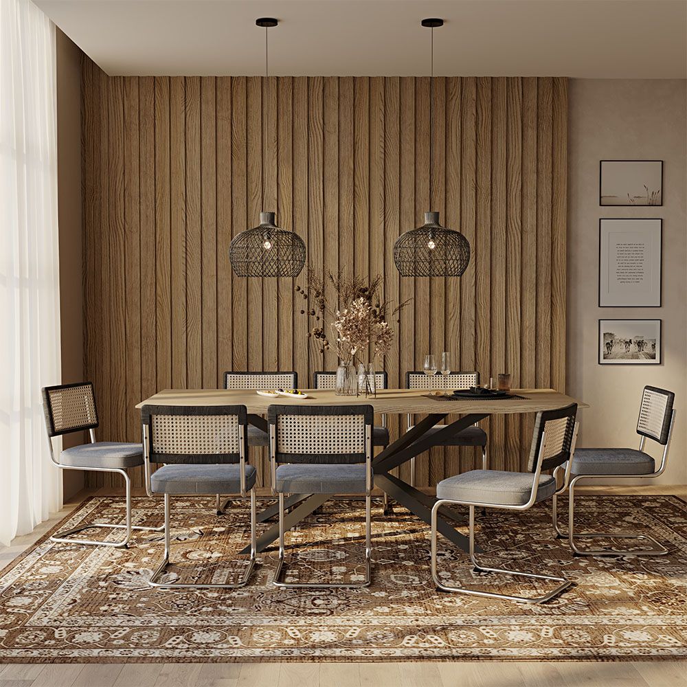 Pack Mesa Industrial (220cm) de madeira & 8 Cadeiras em Palhinha de Rattan e Veludo - Jenka