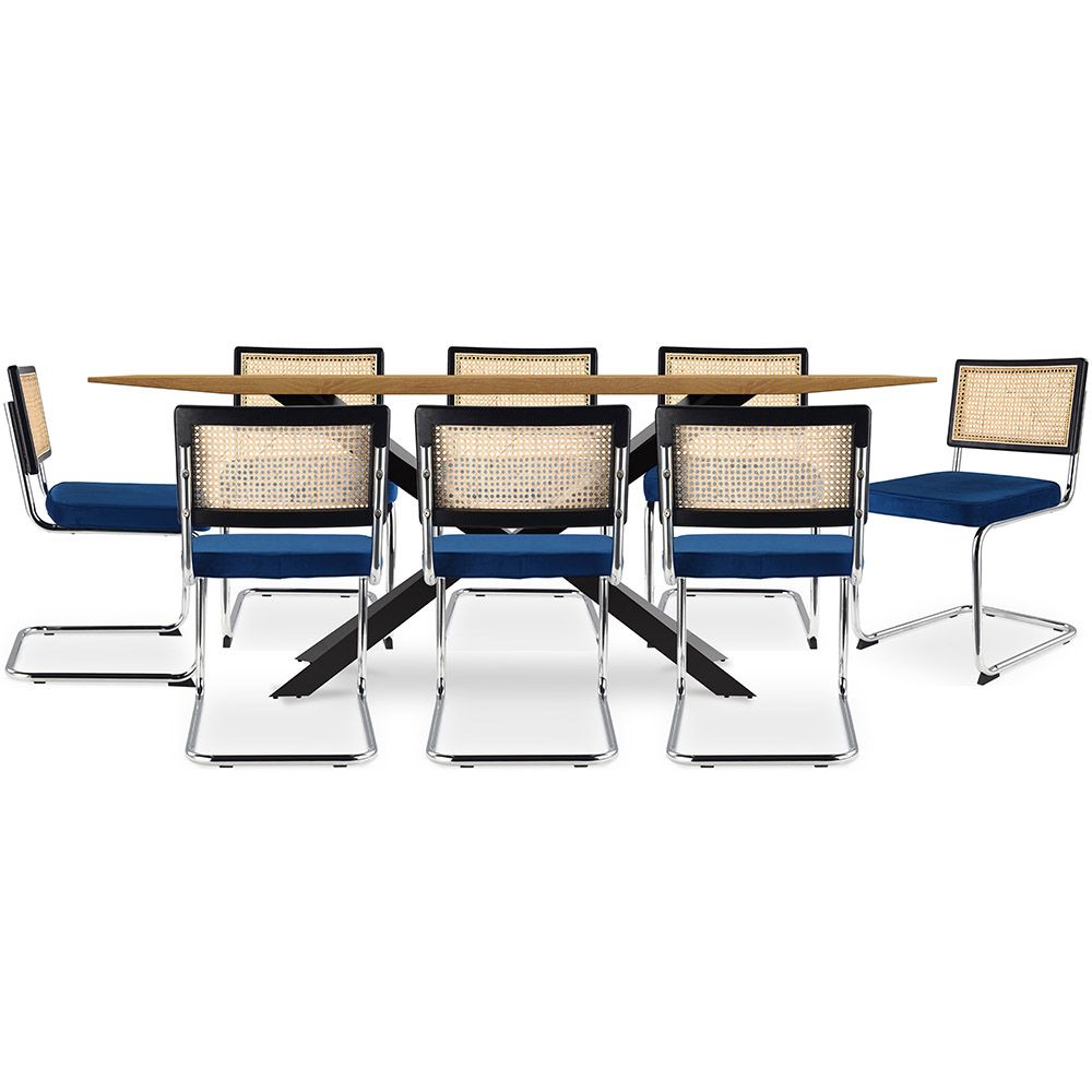 Pack Mesa Industrial (220cm) de madeira & 8 Cadeiras em Palhinha de Rattan e Veludo - Jenka