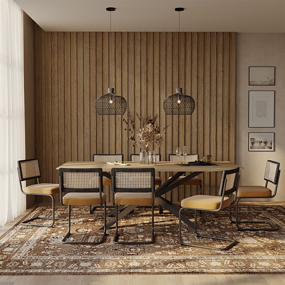 Pack Mesa Industrial (220cm) de madeira & 8 Cadeiras em Palhinha de Rattan e Madeira Negra - Lona