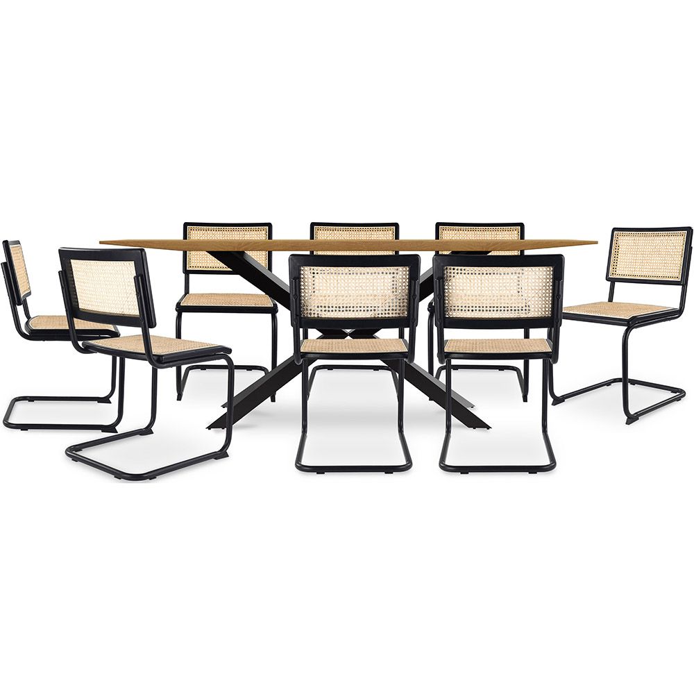 Pack Mesa Industrial (220cm) de madeira & 8 Cadeiras em Palhinha de Rattan e Madeira Negra - Lona