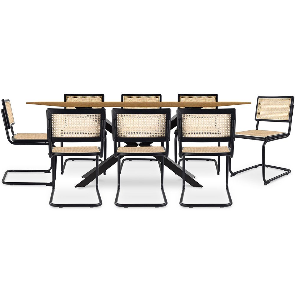 Pack Mesa Industrial (220cm) de madeira & 8 Cadeiras em Palhinha de Rattan e Madeira Negra - Lona